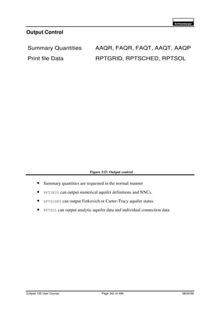 6FKOXPEHUJHU
Eclipse 100 User Course Page 342 of 499 08/04/99
Output Control
Figure 115: Output control
• Summary quantities are requested in the normal manner
• RPTGRID can output numerical aquifer definitions and NNCs.
• RPTSCHED can output Fetkovich or Carter-Tracy aquifer status
• RPTSOL can output analytic aquifer data and individual connection data
Summary Quantities AAQR, FAQR, FAQT, AAQT, AAQP
Print file Data RPTGRID, RPTSCHED, RPTSOL
 
