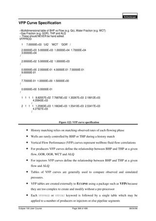 6FKOXPEHUJHU
Eclipse 100 User Course Page 368 of 499 08/04/99
VFP Curve Specification
Figure 122: VFP curve specification
• History matching relies on matching observed rates of each flowing phase
• Wells are rarely controlled by BHP or THP during a history match
• Vertical Flow Performance (VFP) curves represent wellbore fluid flow correlations
• For producers VFP curves define the relationship between BHP and THP at a given
flow, GOR, OGR, WCT and ALQ
• For injectors VFP curves define the relationship between BHP and THP at a given
flow and ALQ
• Tables of VFP curves are generally used to compare observed and simulated
pressures.
• VFP tables are created externally to ECLIPSE using a package such as VFPI because
they are too complex to create and modify without a pre-processor
• Each VFPPROD or VFPINJ keyword is followed by a single table which may be
applied to a number of producers or injectors or else pipeline segments
--Multidimensional table of BHP vs Flow (e.g. Qo), Water Fraction (e.g. WCT)
--Gas Fraction (e.g. GOR), THP and ALQ
-- These should NEVER be hand edited
VFPPROD
1 7.00000E+03 ’LIQ’ ’WCT’ ’GOR’ /
2.00000E+03 5.00000E+03 1.00000E+04 1.70000E+04
3.00000E+04
/
2.00000E+02 5.00000E+02 1.00000E+03
/
0.00000E+00 2.00000E-01 4.00000E-01 7.00000E-01
9.00000E-01
/
7.70000E-01 1.00000E+00 1.50000E+00
/
0.00000E+00 5.00000E-01
/
1 1 1 1 8.82057E+02 7.76876E+02 1.30267E+03 2.18912E+03
4.20843E+03
/
2 1 1 1 1.25903E+03 1.16634E+03 1.55410E+03 2.53417E+03
4.27927E+03
/
 