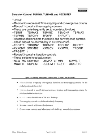 6FKOXPEHUJHU
Eclipse 100 User Course Page 410 of 499 08/04/99
Simulator Control: TUNING, TUNINGL and NEXTSTEP
Figure 131: Setting convergence criteria using TUNING and TUNINGL
• TUNING is used to specify convergence, iteration and timestepping criteria for the
global portion of the model
• TUNINGL is used to specify the convergence, iteration and timestepping criteria for
all of the LGRs in the model
• NEXTSTEP sets the duration of the next timestep
• Timestepping controls need alteration fairly frequently
• Iteration controls seldom need adjustment
• Convergence controls need adjustment only in highly unusual circumstance
TUNING
--Mnemonics represent Timestepping and convergence criteria
--Record 1 contains timestepping controls
--These are quite frequently set to non-default values
--TSINIT TSMAXZ TSMINZ TSMCHP TSFMAX
--TSFMIN TSFCNV TFDIFF THRUPT /
--Record 2 contains time truncation and convergence controls
--These should be altered only in extreme cases
--TRGTTE TRGCNV TRGMBE TRGLCV XXXTTE
--XXXCNV XXXMBE XXXLCV XXXWFL TRGFIP
--TRGSFT /
--Record 3 contains iteration controls
--These seldom need adjustment
--NEWTMX NEWTMN LITMAX LITMIN MXWSIT
--MXWPIT DDPLIM DDSLIM TRGDPR XXXDPR/
 