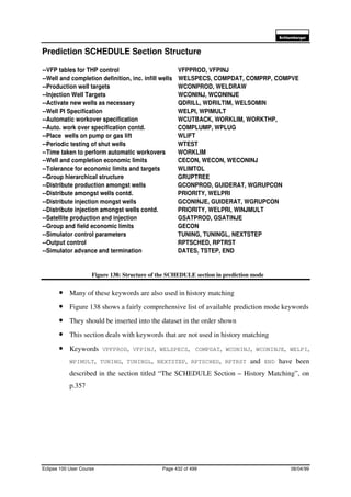6FKOXPEHUJHU
Eclipse 100 User Course Page 432 of 499 08/04/99
Prediction SCHEDULE Section Structure
Figure 138: Structure of the SCHEDULE section in prediction mode
• Many of these keywords are also used in history matching
• Figure 138 shows a fairly comprehensive list of available prediction mode keywords
• They should be inserted into the dataset in the order shown
• This section deals with keywords that are not used in history matching
• Keywords VPFPROD, VFPINJ, WELSPECS, COMPDAT, WCONINJ, WCONINJE, WELPI,
WPIMULT, TUNING, TUNINGL, NEXTSTEP, RPTSCHED, RPTRST and END have been
described in the section titled “The SCHEDULE Section – History Matching”, on
p.357
--VFP tables for THP control VFPPROD, VFPINJ
--Well and completion definition, inc. infill wells WELSPECS, COMPDAT, COMPRP, COMPVE
--Production well targets WCONPROD, WELDRAW
--Injection Well Targets WCONINJ, WCONINJE
--Activate new wells as necessary QDRILL, WDRILTIM, WELSOMIN
--Well PI Specification WELPI, WPIMULT
--Automatic workover specification WCUTBACK, WORKLIM, WORKTHP,
--Auto. work over specification contd. COMPLUMP, WPLUG
--Place wells on pump or gas lift WLIFT
--Periodic testing of shut wells WTEST
--Time taken to perform automatic workovers WORKLIM
--Well and completion economic limits CECON, WECON, WECONINJ
--Tolerance for economic limits and targets WLIMTOL
--Group hierarchical structure GRUPTREE
--Distribute production amongst wells GCONPROD, GUIDERAT, WGRUPCON
--Distribute amongst wells contd. PRIORITY, WELPRI
--Distribute injection mongst wells GCONINJE, GUIDERAT, WGRUPCON
--Distribute injection amongst wells contd. PRIORITY, WELPRI, WINJMULT
--Satellite production and injection GSATPROD, GSATINJE
--Group and field economic limits GECON
--Simulator control parameters TUNING, TUNINGL, NEXTSTEP
--Output control RPTSCHED, RPTRST
--Simulator advance and termination DATES, TSTEP, END
 