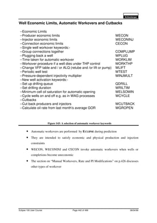 6FKOXPEHUJHU
Eclipse 100 User Course Page 442 of 499 08/04/99
Well Economic Limits, Automatic Workovers and Cutbacks
Figure 143: A selection of automatic workover keywords
• Automatic workovers are performed by ECLIPSE during prediction
• They are intended to satisfy economic and physical production and injection
constraints
• WECON, WECONINJ and CECON invoke automatic workovers when wells or
completions become uneconomic
• The section on “Manual Workovers, Rate and PI Modifications” on p.426 discusses
other types of workover
--Economic Limits
--Producer economic limits WECON
--Injector economic limits WECONINJ
--Connection economic limits CECON
--Single well workover keywords:-
--Group connections together COMPLUMP
--Plugging back a well WPLUG
--Time taken for automatic workover WORKLIM
--Workover procedure if a well dies under THP control WORKTHP
--Change VFP table and / or ALQ (retube and /or lift or pump) WLIFT
--Periodic well test WTEST
--Pressure-dependent injectivity multiplier WINJMULT
--New well activation keywords:-
--Set up drilling queue QDRILL
--Set drilling duration WRILTIM
--Minimum cell oil saturation for automatic opening WELSOMIN
--Cycle wells on and off e.g. as in WAG processes WCYCLE
--Cutbacks
--Cut back producers and injectors WCUTBACK
--Calculate oil rate from last month’s average GOR WGROPEN
 