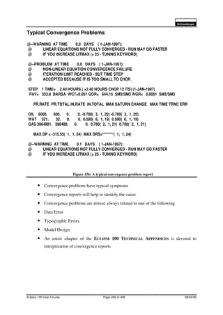 6FKOXPEHUJHU
Eclipse 100 User Course Page 468 of 499 08/04/99
Typical Convergence Problems
Figure 156: A typical convergence problem report
• Convergence problems have typical symptoms
• Convergence reports will help to identify the cause
• Convergence problems are almost always related to one of the following
• Data Error
• Typographic Errors
• Model Design
• An entire chapter of the ECLIPSE 100 TECHNICAL APPENDICES is devoted to
interpretation of convergence reports.
@--WARNING AT TIME 0.0 DAYS ( 1-JAN-1997):
@ LINEAR EQUATIONS NOT FULLY CONVERGED - RUN MAY GO FASTER
@ IF YOU INCREASE LITMAX (= 25 - TUNING KEYWORD)
@--PROBLEM AT TIME 0.0 DAYS ( 1-JAN-1997):
@ NON-LINEAR EQUATION CONVERGENCE FAILURE
@ ITERATION LIMIT REACHED - BUT TIME STEP
@ ACCEPTED BECAUSE IT IS TOO SMALL TO CHOP.
STEP 1 TIME= 2.40 HOURS ( +2.40 HOURS CHOP 12 ITS) (1-JAN-1997)
PAV= 333.8 BARSA WCT=0.051 GOR= 644.15 SM3/SM3 WGR= 0.0001 SM3/SM3
PR.RATE PR.TOTAL IN.RATE IN.TOTAL MAX SATURN CHANGE MAX TIME TRNC ERR
OIL 6000. 600. 0. 0. -0.780( 3, 1, 20) -0.780( 3, 1, 20)
WAT 321. 32. 0. 0. 0.580( 6, 1, 19) 0.580( 6, 1, 19)
GAS 3864881. 386488. 0. 0. 0.780( 2, 1, 21) 0.780( 2, 1, 21)
MAX DP = -315.55( 1, 1, 24) MAX DRS=********( 1, 1, 24)
@--WARNING AT TIME 0.1 DAYS ( 1-JAN-1997):
@ LINEAR EQUATIONS NOT FULLY CONVERGED - RUN MAY GO FASTER
@ IF YOU INCREASE LITMAX (= 25 - TUNING KEYWORD)
 