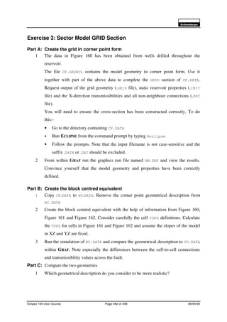 6FKOXPEHUJHU
Eclipse 100 User Course Page 482 of 499 08/04/99
Exercise 3: Sector Model GRID Section
Part A: Create the grid in corner point form
1 The data in Figure 160 has been obtained from wells drilled throughout the
reservoir.
The file CP.GRDECL contains the model geometry in corner point form. Use it
together with part of the above data to complete the GRID section of CP.DATA.
Request output of the grid geometry (.GRID file), static reservoir properties (.INIT
file) and the X-direction transmissibilities and all non-neighbour connections (.PRT
file).
You will need to ensure the cross-section has been constructed correctly. To do
this:-
• Go to the directory containing CP.DATA
• Run ECLIPSE from the command prompt by typing @eclipse
• Follow the prompts. Note that the input filename is not case-sensitive and the
suffix .DATA or .DAT should be excluded.
2 From within GRAF run the graphics run file named HM.GRF and view the results.
Convince yourself that the model geometry and properties have been correctly
defined.
Part B: Create the block centred equivalent
1 Copy CP.DATA to BC.DATA. Remove the corner point geometrical description from
BC.DATA
2 Create the block centred equivalent with the help of information from Figure 160,
Figure 161 and Figure 162. Consider carefully the cell TOPS definitions. Calculate
the TOPS for cells in Figure 161 and Figure 162 and assume the slopes of the model
in XZ and YZ are fixed.
3 Run the simulation of BC.DATA and compare the geometrical description to CP.DATA
within GRAF. Note especially the differences between the cell-to-cell connections
and transmissibility values across the fault.
Part C: Compare the two geometries
1 Which geometrical description do you consider to be more realistic?
 