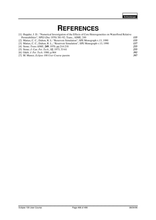 6FKOXPEHUJHU
Eclipse 100 User Course Page 498 of 499 08/04/99
REFERENCES
[1] Huppler, J. D.: “Numerical Investigation of the Effects of Core Heterogeneities on Waterflood Relative
Permeabilities”, SPEJ (Dec 1970) 381-92; Trans., AIME, 249 135
[2] Mattax, C. C., Dalton, R. L: “Reservoir Simulation”, SPE Monograph v.13, 1990 135
[3] Mattax, C. C., Dalton, R. L., “Reservoir Simulation”, SPE Monograph v.13, 1990 137
[4] Stone; Trans AIME, 249, 1970, pp.214-218 255
[5] Stone; J. Can. Pet. Tech., 12, 1973, 53-61 255
[6] Odeh. J. Pet. Tech. 1980, p.964 392
[7] M. Munoz, Eclipse 100 User Course passim 397
 