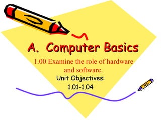 A. Computer Basics
 1.00 Examine the role of hardware
          and software.
        Unit Objectives:
            1.01-1.04
 