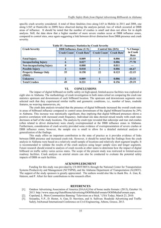 Traffic Safety Risks from Digital Advertising Billboards in Alabama
35
specific crash severity considered. A total of three fatalities (two along I-65 in Mobile in 2011 and 2008, one
along I-565 at Huntsville in 2009) have observed during the analysis period, two of which occurred at DBB
areas of influence. It should be noted that the number of crashes is small and does not allow for in depth
analysis. Still, the data show that a higher number of more severe crashes occur at DBB influence zones,
compared to control sites, once again suggesting a link between driver distraction from DBB presence and crash
severity.
Table IV: Summary Statistics by Crash Severity
Crash Severity DBB Influence Zone (U/S) Control Site (D/S) % Change
in Crash
Rate
Crash Count Crash Rate1
Crash Count Crash Rate1
Fatal Injury 2 0.009 1 0.006 -33.33
Incapacitating Injury 6 0.027 1 0.006 -77.78
Non-incapacitating Injury 0 0.000 2 0.011 ---
Possible Injury 4 0.018 1 0.006 -66.67
Property Damage Only
(PDO)
35 0.158 22 0.123 -22.15
Unknown 2 0.009 1 0.006 -33.33
Total Crashes 49 0.221 28 0.156 -29.19
VI. CONCLUSIONS
The impact of digital billboard on traffic safety on high-speed, limited-access facilities was explored at
eight sites in Alabama. The methodology of crash investigation in both states relied on comparing the crash rate
statistics upstream and downstream of each billboard location. The upstream and downstream segments were
selected such that they experienced similar traffic and geometric conditions, i.e., number of lanes, roadside
features, no weaving manoeuvres, etc.
The crash data analysis revealed that the presence of digital billboards increased the overall crash rates
in areas of billboard influence compared to control areas downstream of the digital billboard locations by 29%
in Alabama. This increase was statistically significant, thus implying that digital billboard presences shows a
positive correlation with increased crash frequency. Individual site data showed mixed results with crash rates
decreases at half of the study locations. The analysis by crash type revealed that sideswipe and rear end crashes
(often related to driver distraction) were clearly overrepresented at the DBB influence zones in Alabama.
Furthermore, consideration of crash severity provided some evidence of overrepresentation of severe crashes at
DBB influence zones; however, the sample size is small to allow for a detailed statistical analysis or
generalization of the findings.
This study offers an important contribution to the state of practice as it provides evidence of links
between DBB presence and increased crash risk. However, it should be noted that the findings from the crash
analysis in Alabama were based on a relatively small sample of locations and relatively short segment lengths. It
is recommended to validate the results of the crash analysis using larger sample sizes and longer segments.
Future research should extend to analysis of crash records at other states to determine how the impact of digital
billboard on traffic safety varies across states. The scope of the present study was restricted to limited-access
roadway facilities. Crash analysis on arterial streets can also be conducted to evaluate the potential safety
impacts of DBB on such facilities.
ACKNOWLEDGMENT
Funding for this study was provided by US DOT/RITA through the National Center for Transportation
Systems Productivity and Management (NCTSPM), and the Alabama Department of Transportation (ALDOT).
The support of the study sponsors is greatly appreciated. The authors would also like to thank Drs. A. Gan, K.
Haleem, and P. Alluri for their contributions to the research effort.
REFERENCES
[1]. Outdoor Advertising Association of America [OAAA].Out of home media formats: (2013), October 14,
2013. http://www.oaaa.org/OutofHomeAdvertising/OOHMediaFormats/OOHMediaFormats.aspx.
[2]. Copeland, L. More Communities Banning „Television on a Stick.‟ USA Today; March 23, 2010.
[3]. Sisiopiku, V.P., D. Hester, A. Gan, D. Stavrinos, and A. Sullivan. Roadside Advertising and Traffic
Safety.3rdAnnual International Conference on Civil Engineering, Athens, Greece, 2013.
 