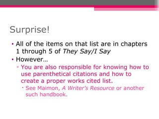 Surprise! All of the items on that list are in chapters 1 through 5 of  They Say/I Say However… You are also responsible for knowing how to use parenthetical citations and how to create a proper works cited list. See Maimon,  A Writer’s Resource  or another such handbook. 