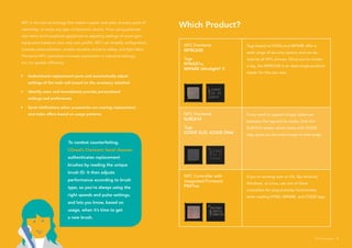 NFC is the one technology that makes it easier and safer, at every point of
ownership, to enjoy any type of electronic device. From using personal-
care items and household appliances to adjusting settings of smart gym
equipment based on your very own profile, NFC can simplify configuration,
increase personalization, enable reorders, enhance safety, and fight fakes.
The same NFC operations increase automation in industrial settings,
too, for greater efficiency.
	 Authenticate replacement parts and automatically adjust
	 settings of the main unit based on the accessory attached
	 Identify users and immediately provide personalized
	 settings and preferences
	 Send notifications when accessories are nearing replacement,
	 and make offers based on usage patterns
To combat counterfeiting,
L’Oreal’s Clarisonic facial cleanser
authenticates replacement
brushes by reading the unique
brush ID. It then adjusts
performance according to brush
type, so you’re always using the
right speeds and pulse settings,
and lets you know, based on
usage, when it’s time to get
a new brush.
NFC Frontend
MFRC630
Tags
NTAG21x,
MIFARE Ultralight®
C
Tags based on NTAG and MIFARE offer a
wide range of security options and can be
read by all NFC phones. Once you’ve chosen
a tag, the MFRC630 is an ideal single-protocol
reader for this use case.
NFC Frontend
SLRC610
Tags
ICODE SLIX, ICODE DNA
If you need to support longer distances
between the tag and its reader, then the
SLRC610 reader, which works with ICODE
tags, gives you the extra margin in read range.
NFC Controller with
Integrated Firmware
PN71xx
If you’re working with an OS, like Android,
Windows, or Linux, use one of these
controllers for plug-and-play functionality
when reading NTAG, MIFARE, and ICODE tags.
Which Product?
NFC Everywhere 9
 