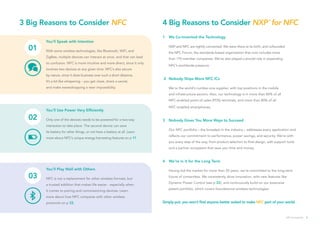 You’ll Play Well with Others
NFC is not a replacement for other wireless formats, but
a trusted addition that makes life easier - especially when
it comes to pairing and commissioning devices. Learn
more about how NFC compares with other wireless
protocols on p 33.
You’ll Use Power Very Efficiently
Only one of the devices needs to be powered for a two-way
interaction to take place. The second device can save
its battery for other things, or not have a battery at all. Learn
more about NFC’s unique energy-harvesting features on p 11.
3 Big Reasons to Consider NFC 4 Big Reasons to Consider NXP
®
for NFC
1	 We Co-Invented the Technology
	 NXP and NFC are tightly connected. We were there at its birth, and cofounded
	 the NFC Forum, the standards-based organization that now includes more
	 than 170 member companies. We’ve also played a pivotal role in expanding
	 NFC’s worldwide presence.
2	 Nobody Ships More NFC ICs
	 We’re the world’s number-one supplier, with top positions in the mobile
	 and infrastructure sectors. Also, our technology is in more than 80% of all
	 NFC-enabled point-of-sales (POS) terminals, and more than 80% of all
	 NFC-enabled smartphones.
3	 Nobody Gives You More Ways to Succeed
	 Our NFC portfolio – the broadest in the industry – addresses every application and
	 reflects our commitment to performance, power savings, and security. We’re with
	 you every step of the way, from product selection to final design, with support tools
	 and a partner ecosystem that save you time and money.
4	 We’re in it for the Long Term
	 Having led the market for more than 20 years, we’re committed to the long-term
	 future of contactless. We consistently drive innovation, with new features like
	 Dynamic Power Control (see p 22), and continuously build on our extensive
	 patent portfolio, which covers foundational wireless technologies.
Simply put, you won’t find anyone better suited to make NFC part of your world.
You’ll Speak with Intention
With some wireless technologies, like Bluetooth, WiFi, and
ZigBee, multiple devices can interact at once, and that can lead
to confusion. NFC is more intuitive and more direct, since it only
involves two devices at any given time. NFC’s also secure
by nature, since it does business over such a short distance.
It’s a bit like whispering – you get close, share a secret,
and make eavesdropping a near impossibility.
01
02
03
NFC Everywhere 3
 