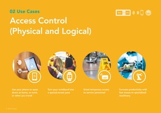 Use your phone to open
doors at home, at work,
or when you travel
Turn your wristband into
a special-access pass
Grant temporary access
to service personnel
Increase productivity with
fast access to specialized
machinery
02 Use Cases
Access Control
(Physical and Logical)
MCU NFC
4 NFC Everywhere
 