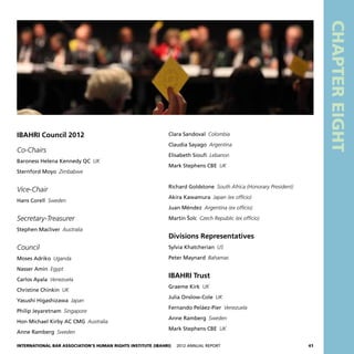 International Bar Association’s Human Rights Institute (IBAHRI)   2012 Annual Report41
CHAPTEREIGHT
Clara Sandoval  Colombia
Claudia Sayago  Argentina
Elisabeth Sioufi  Lebanon
Mark Stephens CBE  UK
Richard Goldstone  South Africa (Honorary President)
Akira Kawamura  Japan (ex officio)
Juan Méndez  Argentina (ex officio)
Martin Šolc  Czech Republic (ex officio)
Divisions Representatives
Sylvia Khatcherian  US
Peter Maynard  Bahamas
IBAHRI Trust
Graeme Kirk  UK
Julia Onslow-Cole  UK
Fernando Peláez-Pier  Venezuela
Anne Ramberg  Sweden
Mark Stephens CBE  UK
IBAHRI Council 2012
Co-Chairs
Baroness Helena Kennedy QC  UK
Sternford Moyo  Zimbabwe
Vice-Chair
Hans Corell  Sweden
Secretary-Treasurer
Stephen Macliver  Australia
Council
Moses Adriko  Uganda
Nasser Amin  Egypt
Carlos Ayala  Venezuela
Christine Chinkin  UK
Yasushi Higashizawa  Japan
Philip Jeyaretnam  Singapore
Hon Michael Kirby AC CMG Australia
Anne Ramberg  Sweden
 