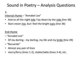 Sound in Poetry – Analysis Questions3. Internal rhyme – “Annabel Lee”And so all the night tide I lay down by the side (line 38)Stars never rise, but I feel the bright eyes (line 36)End rhyme – “Annabel Lee”Of my darling - my darling, my life and my bride (line 39)– “Recuerdo”Almost any pair of linesmerry/ferry (lines 1-2), stable/table (lines 3-4), etc.
