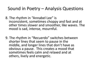 Sound in Poetry – Analysis Questions8. The rhythm in “Annabel Lee” is inconsistent, sometimes choppy and fast and at other times slower and smoother, like waves. The mood is sad, intense, mournful. 9. The rhythm in “Recuerdo” switches between shorter lines that seem to pause in the middle, and longer lines that don’t have as obvious a pause. This creates a mood that sometimes feels calm and relaxed and at others, lively and energetic. 