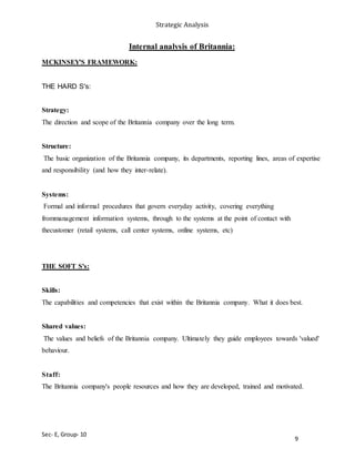 Strategic Analysis
Sec- E, Group- 10
Internal analysis of Britannia:
MCKINSEY'S FRAMEWORK:
THE HARD S's:
Strategy:
The direction and scope of the Britannia company over the long term.
Structure:
The basic organization of the Britannia company, its departments, reporting lines, areas of expertise
and responsibility (and how they inter-relate).
Systems:
Formal and informal procedures that govern everyday activity, covering everything
frommanagement information systems, through to the systems at the point of contact with
thecustomer (retail systems, call center systems, online systems, etc)
THE SOFT S's:
Skills:
The capabilities and competencies that exist within the Britannia company. What it does best.
Shared values:
The values and beliefs of the Britannia company. Ultimately they guide employees towards 'valued'
behaviour.
Staff:
The Britannia company's people resources and how they are developed, trained and motivated.
9
 
