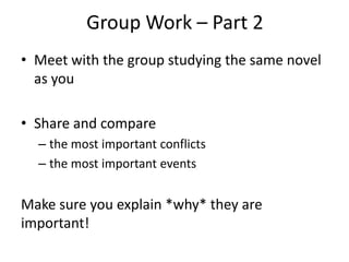 Group Work – Part 2
• Meet with the group studying the same novel
  as you

• Share and compare
  – the most important conflicts
  – the most important events


Make sure you explain *why* they are
important!
 