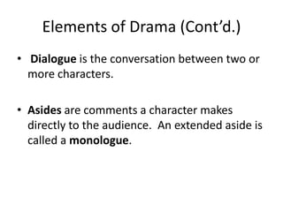 Elements of Drama (Cont’d.)
• Dialogue is the conversation between two or
  more characters.

• Asides are comments a character makes
  directly to the audience. An extended aside is
  called a monologue.
 