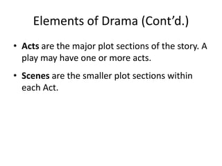 Elements of Drama (Cont’d.)
• Acts are the major plot sections of the story. A
  play may have one or more acts.
• Scenes are the smaller plot sections within
  each Act.
 