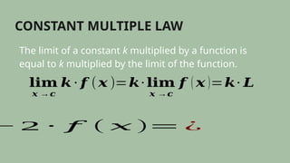 CONSTANT MULTIPLE LAW
The limit of a constant k multiplied by a function is
equal to k multiplied by the limit of the function.
𝐥𝐢𝐦
𝒙 →𝒄
𝒌 ∙ 𝒇 (𝒙 )=𝒌∙ 𝐥𝐢𝐦
𝒙 →𝒄
𝒇 ( 𝒙 )=𝒌∙ 𝑳
− 2 ∙ 𝑓 ( 𝑥 )= ¿
 