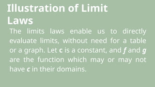 Illustration of Limit
Laws
The limits laws enable us to directly
evaluate limits, without need for a table
or a graph. Let c is a constant, and f and g
are the function which may or may not
have c in their domains.
 