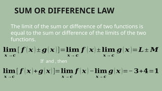 SUM OR DIFFERENCE LAW
The limit of the sum or difference of two functions is
equal to the sum or difference of the limits of the two
functions.
𝐥𝐢𝐦
𝒙 →𝒄
[ 𝒇 ( 𝒙 ) ± 𝒈( 𝒙 )]=𝐥𝐢𝐦
𝒙 → 𝒄
𝒇 ( 𝒙) ± 𝐥𝐢𝐦
𝒙 → 𝒄
𝒈( 𝒙 )=𝑳± 𝑴
If and , then
𝐥𝐢𝐦
𝒙 →𝒄
[ 𝒇 ( 𝒙 )+𝒈( 𝒙) ]=𝐥𝐢𝐦
𝒙 → 𝒄
𝒇 ( 𝒙 ) −𝐥𝐢𝐦
𝒙→ 𝒄
𝒈( 𝒙 )=− 𝟑+𝟒=𝟏
 