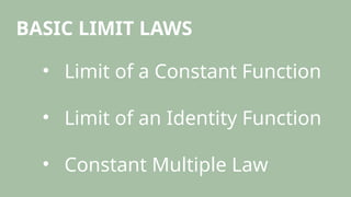 BASIC LIMIT LAWS
• Limit of a Constant Function
• Limit of an Identity Function
• Constant Multiple Law
 