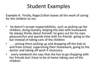 Student ExamplesExample 4:  Finally, Roger/Lillian leaves all the work of caring for the children to me. he doesn’t accept responsibilities, such as picking up the children, doing laundry, helping the kids with homework.  He always thinks about himself; he goes out for his own pleasure/fun and spends time with his friends  going to the bar instead of taking care of the children . . . among them picking up and dropping off the kids to and from school, supervising their homework, going to the doctor and taking off work if necessary  every weekend she says that she has to go shopping with her friends but I have to be at home taking care of the children