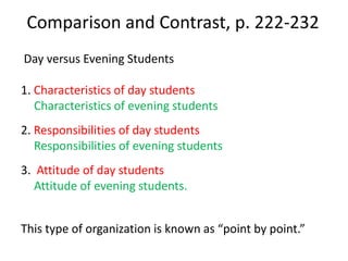 Comparison and Contrast, p. 222-232 Day versus Evening Students1. Characteristics of day studentsCharacteristics of evening students2. Responsibilities of day studentsResponsibilities of evening students3.  Attitude of day studentsAttitude of evening students.This type of organization is known as “point by point.”