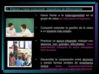 3.- Elaborar y hacer evolucionar  dispositivos de diferenciación Hacer frente a la  heterogeneidad  en el grupo de clase. (no estándares homogéneos) Compartir extender la gestión de la clase a un  espacio más amplio . Practicar un  apoyo integrado ; trabajar con  alumnos con grandes dificultades .  (clase especializada, búsqueda de apoyo pedagógico fuera de clase) Desarrollar la cooperación entre  alumnos  y ciertas formas simples de  enseñanza mutua . (tarea cooperativa-autonomía-responsabilidad-cultura de solidaridad-tolerancia)                     