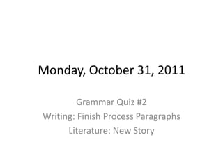 Monday, October 31, 2011

        Grammar Quiz #2
Writing: Finish Process Paragraphs
      Literature: New Story
 