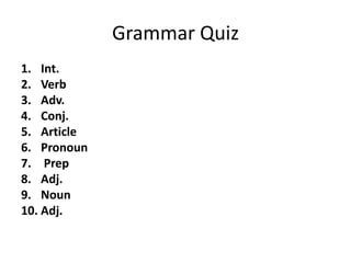 Grammar QuizInt.VerbAdv.Conj.ArticlePronoun PrepAdj.NounAdj.