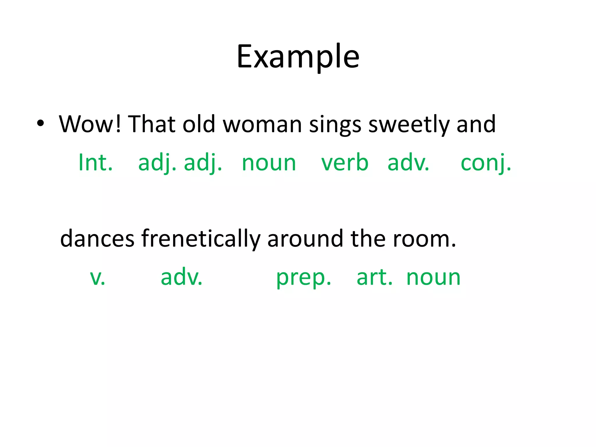 ExampleWow! That old woman sings sweetly andInt.    adj. adj.   noun    verb   adv.     conj.    dances frenetically around the room.         v.         adv.            prep.    art.  noun