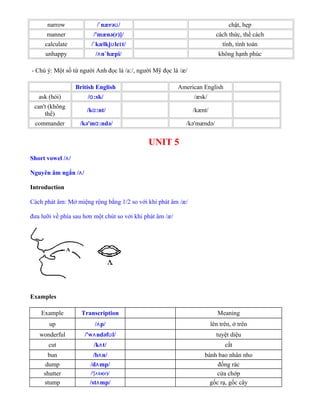 narrow /`nærəʊ/ chật, hẹp
manner /'mænə(r)]/ cách thức, thể cách
calculate /`kælkjʊleɪt/ tính, tính toán
unhappy /ʌn`hæpi/ không hạnh phúc
- Chú ý: Một số từ người Anh đọc là /a /, người Mỹ đọc là /æ/ː
British English American English
ask (hỏi) /ɑ:sk/ /æsk/
can't (không
thể)
/kɑ:nt/ /kænt/
commander /kə'mɑ:ndə/ /kə'mændə/
UNIT 5
Short vowel /ʌ/
Nguyên âm ngắn /ʌ/
Introduction
Cách phát âm: Mở miệng rộng bằng 1/2 so với khi phát âm /æ/
đưa lưỡi về phía sau hơn một chút so với khi phát âm /æ/
Examples
Example Transcription Meaning
up /ʌp/ lên trên, ở trên
wonderful /'wʌndəfʊl/ tuyệt diệu
cut /kʌt/ cắt
bun /bʌn/ bánh bao nhân nho
dump /dʌmp/ đống rác
shutter /'ʃʌtə(r)/ cửa chớp
stump /stʌmp/ gốc rạ, gốc cây
 