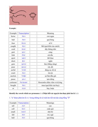 Example:
Example Transcription Meaning
horse /h s/ɔː con ngựa
ball /b l/ɔː quả bóng
four /f (r)/ɔː số 4
caught /k t/ɔː bắt (quá khứ của catch)
cord /k d/ɔː dây thừng nhỏ
port /p t/ɔː cảng
fork /f k/ɔː cái dĩa
sport /sp t/ɔː thể thao
short / t/ʃɔː ngắn
gore /g (r)/ɔː húc (bằng sừng)
pour /p (r)/ɔː rót, đổ
awful /' f l/ɔː ʊ đáng sợ, tồi tệ
court /k t/ɔː tòa án
auction /' k n/ɔː ʃ sự bán đầu giá
pause /p z/ɔː tạm dừng
cortisone / k t zə n/ˈ ɔː ɪ ʊ Hoocmôn chữa viêm và dị ứng
bought /b t/ɔː mua (quá khứ của buy)
or / (r)/ɔː hay, hoặc
Identify the vowels which are pronounce / /ɔː (Nhận biết các nguyên âm được phát âm là / /ɔː )
1. "a" được phát âm là /ɔː/ trong những từ có một âm tiết mà tận cùng bằng "ll"
Example Transcription Meanings
tall /t l/ɔː cao
call /k l/ɔː cuộc gọi
small /sm l/ɔː nhỏ bé
fall /f l/ɔː rơi, ngã
ball /f l/ɔː quả bóng
 