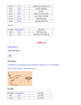 bruise /bru z/ː vết thương, vết bầm tím da
bruit /bru t/ː tin đồn, tiếng đồn
fruit /fru t/ː trái cây
juice /d u s/ʒ ː nước cốt, nước trái cây
cruise /kru z/ː cuộc đi chơi trên biển
cruiser / kru zə/ˈ ː tuần dương hạm
recruit /r kru t/ɪˈ ː mộ binh, tuyển lính
Ngoại lệ:
Example Transcription Meanings
fluid / flu d/ˈ ːɪ chất lỏng, lỏng
ruin / ru n/ˈ ːɪ sự đổ nát, vết tích đổ nát
UNIT 11:
Long vowel / :/ɜ
Nguyên âm dài / :/ɜ
Introduction
Cách phát âm: đây là nguyên âm dài, khi phát âm miệng mở vừa, vị trí lưỡi thấp.
(lưu ý: ở một số sách /ɜː/ được phiên âm là /əː/
Example
Example Transcription Meaning
bird /b d/ɜː con chim
word /w d/ɜː từ, lời nói
 