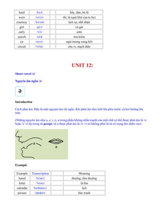 herd /h d/ɜː bầy, đàn, bè lũ
were /w (r)/ɜː thì, là (quá khứ của to be)
courtesy / k təs /ˈ ɜː ɪ lịch sự, nhã nhặn
girl /g l/ɜː cô gái
early / li/ˈɜː sớm
search /s t /ɜː ʃ tìm kiếm
sir /s (r)/ɜː ngài (trong xưng hô)
circuit / s k t/ˈ ɜː ɪ chu vi, mạch điện
UNIT 12:
Short vowel /ə/
Nguyên âm ngắn /ə/
Introduction
Cách phát âm: Đây là một nguyên âm rất ngắn. Khi phát âm đưa lưỡi lên phía trước và hơi hướng lên
trên.
(Những nguyên âm như a, e, i, o, u trong phần không nhấn mạnh của một chữ có thể được phát âm là /ə/
hoặc /ɪ/ ví dụ trong từ accept, từ a được phát âm là /ə/ vì nó không phải là từ có trọng âm nhấn vào).
Example
Example Transcription Meaning
banal /bə n l/ˈ ɑː thường, tầm thường
letter / letə(r)/ˈ lá thư
calendar / kæl ndə(r)/ˈ ɪ lịch
picture / p kt ə(r)/ˈ ɪ ʃ bức tranh
 