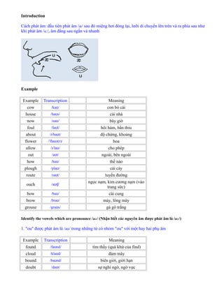 Introduction
Cách phát âm: đầu tiên phát âm /æ/ sau đó miệng hơi đóng lại, lưỡi di chuyển lên trên và ra phía sau như
khi phát âm /uː/, âm đằng sau ngắn và nhanh
Example
Example Transcription Meaning
cow /ka /ʊ con bò cái
house /ha s/ʊ cái nhà
now /na /ʊ bây giờ
foul /fa l/ʊ hôi hám, bẩn thỉu
about /ə ba t/ˈ ʊ độ chừng, khoảng
flower / fla ə(r)/ˈ ʊ hoa
allow /ə la /ˈ ʊ cho phép
out /a t/ʊ ngoài, bên ngoài
how /ha /ʊ thế nào
plough /pla /ʊ cái cày
route /ra t/ʊ tuyến đường
ouch /a t /ʊ ʃ
ngọc nạm, kim cương nạm (vào
trang sức)
bow /ba /ʊ cái cung
brow /bra /ʊ mày, lông mày
grouse /gra s/ʊ gà gô trắng
Identify the vowels which are pronounce /aʊ/ (Nhận biết các nguyên âm được phát âm là /aʊ/)
1. "ou" được phát âm là /aʊ/ trong những từ có nhóm "ou" với một hay hai phụ âm
Example Transcription Meaning
found /fa nd/ʊ tìm thấy (quá khứ của find)
cloud /kla d/ʊ đám mây
bound /ba nd/ʊ biên giới, giới hạn
doubt /da t/ʊ sự nghi ngờ, ngờ vực
 