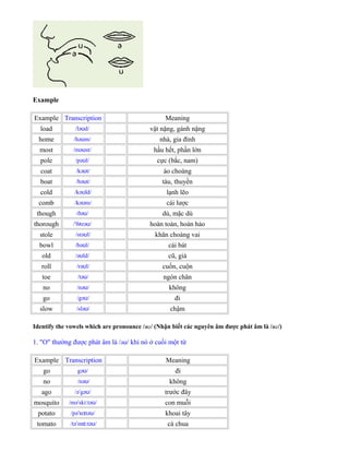 Example
Example Transcription Meaning
load /lə d/ʊ vật nặng, gánh nặng
home /hə m/ʊ nhà, gia đình
most /mə st/ʊ hầu hết, phần lớn
pole /pə l/ʊ cực (bắc, nam)
coat /kə t/ʊ áo choàng
boat /bə t/ʊ tàu, thuyền
cold /kə ld/ʊ lạnh lẽo
comb /kə m/ʊ cái lược
though /ðə /ʊ dù, mặc dù
thorough / θ rə /ˈ ʌ ʊ hoàn toàn, hoàn hảo
stole /stə l/ʊ khăn choàng vai
bowl /bə l/ʊ cái bát
old /ə ld/ʊ cũ, già
roll /rə l/ʊ cuốn, cuộn
toe /tə /ʊ ngón chân
no /nə /ʊ không
go /gə /ʊ đi
slow /slə /ʊ chậm
Identify the vowels which are pronounce /əʊ/ (Nhận biết các nguyên âm được phát âm là /əʊ/)
1. "O" thường được phát âm là /əʊ/ khi nó ở cuối một từ
Example Transcription Meaning
go gə /ʊ đi
no /nə /ʊ không
ago /ə gə /ˈ ʊ trước đây
mosquito /mə ski tə /ˈ ː ʊ con muỗi
potato /pə te tə /ˈ ɪ ʊ khoai tây
tomato /tə m tə /ˈ ɑː ʊ cà chua
 