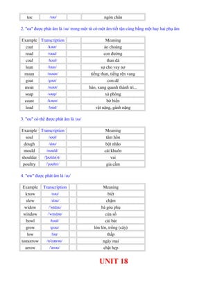 toe /tə /ʊ ngón chân
2. "oa" được phát âm là /əʊ/ trong một từ có một âm tiết tận cùng bằng một hay hai phụ âm
Example Transcription Meaning
coat /kə t/ʊ áo choàng
road /rə d/ʊ con đường
coal /kə l/ʊ than đá
loan /lə n/ʊ sự cho vay nợ
moan /mə n/ʊ tiếng than, tiếng rên vang
goat /gə t/ʊ con dê
moat /mə t/ʊ hào, xung quanh thành trì...
soap /sə p/ʊ xà phòng
coast /kə st/ʊ bờ biển
load /lə d/ʊ vật nặng, gánh nặng
3. "ou" có thể được phát âm là /əʊ/
Example Transcription Meaning
soul /sə l/ʊ tâm hồn
dough /də /ʊ bột nhão
mould /mə ld/ʊ cái khuôn
shoulder / ə ldə(r)/ˈʃ ʊ vai
poultry / pə ltri/ˈ ʊ gia cầm
4. "ow" được phát âm là /əʊ/
Example Transcription Meaning
know /nə /ʊ biết
slow /slə /ʊ chậm
widow / w də /ˈ ɪ ʊ bà góa phụ
window / w ndə /ˈ ɪ ʊ cửa sổ
bowl /bə l/ʊ cái bát
grow /grə /ʊ lớn lên, trồng (cây)
low /lə /ʊ thấp
tomorrow /tə m rə /ˈ ɒ ʊ ngày mai
arrow / ærə /ˈ ʊ chật hẹp
UNIT 18
 