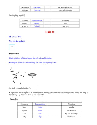 grievance /'gri:vəns/ lời trách, phàn nàn
grievous /'gri:vəs/ đau khổ, đau đớn
Trường hợp ngoại lệ:
Example Transcription Meaning
friend /frend/ bạn
science /'saiəns/ khoa học
Unit 2:
Short vowel /ɪ/
Nguyên âm ngắn /ɪ/
Introduction
Cách phát âm: lưỡi đưa hướng lên trên và ra phía trước,
khoảng cách môi trên và dưới hẹp, mở rộng miệng sang 2 bên
So sánh với cách phát âm /i:/
Khi phát âm âm /ɪ/ ngắn, vị trí lưỡi thấp hơn, khoảng cách môi trên-dưới rộng hơn và miệng mở rộng 2
bên nhưng hẹp hơn một chút so với âm /i:/ dài
Examples
Example Transcription Meanings
him /hɪm/ anh ấy
hymn /hɪm/ bài thánh ca
sin /sɪn/ tội lỗi, phạm tội
ship /∫ɪp/ tàu thuyền
 