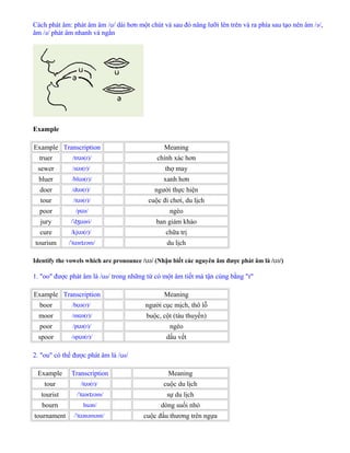 Cách phát âm: phát âm âm /ʊ/ dài hơn một chút và sau đó nâng lưỡi lên trên và ra phía sau tạo nên âm /ə/,
âm /ə/ phát âm nhanh và ngắn
Example
Example Transcription Meaning
truer /tr ə(r)/ʊ chính xác hơn
sewer /s ə(r)/ʊ thợ may
bluer /bl ə(r)/ʊ xanh hơn
doer /d ə(r)/ʊ người thực hiện
tour /t ə(r)/ʊ cuộc đi chơi, du lịch
poor /p ə/ʊ ngèo
jury / d əri/ˈ ʒʊ ban giám khảo
cure /kj ə(r)/ʊ chữa trị
tourism / t ər zəm/ˈ ʊ ɪ du lịch
Identify the vowels which are pronounce / əʊ / (Nhận biết các nguyên âm được phát âm là / əʊ /)
1. "oo" được phát âm là / əʊ / trong những từ có một âm tiết mà tận cùng bằng "r"
Example Transcription Meaning
boor /b ə(r)/ʊ người cục mịch, thô lỗ
moor /m ə(r)/ʊ buộc, cột (tàu thuyền)
poor /p ə(r)/ʊ ngèo
spoor /sp ə(r)/ʊ dấu vết
2. "ou" có thể được phát âm là / əʊ /
Example Transcription Meaning
tour /t ə(r)/ʊ cuộc du lịch
tourist / t ər zəm/ˈ ʊ ɪ sự du lịch
bourn buən/ dòng suối nhỏ
tournament / t ənəmənt/ˈ ʊ cuộc đấu thương trên ngựa
 