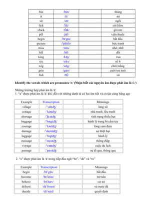 bin /bɪn/ thùng
it /ɪt/ nó
sit /sɪt/ ngồi
lick /lɪk/ cái liềm
chick /t∫ɪk/ gà con
pill /pɪl/ viên thuốc
begin /bɪ'gɪn/ bắt đầu
picture /'pɪkt∫ə/ bức tranh
miss /mɪs/ nhớ, nhỡ
hill /hɪl/ đồi
king /kɪŋ/ vua
six /siks/ số 6
wig /wɪg/ chửi mắng
grin /grɪn/ cười toe toét
fish /fɪ∫/ cá
Identify the vowels which are pronounce /ɪ/ (Nhận biết các nguyên âm được phát âm là /ɪ/)
Những trường hợp phát âm là /ɪ/
1. “a” được phát âm là /ɪ/ khi: đối với những danh từ có hai âm tiết và có tận cùng bằng age
Example Transcription Meanings
village /’vɪlɪd /ʒ làng xã
cottage /’kɔtɪd /ʒ nhà tranh, lều tranh
shortage /’ʃɔ:tɪd /ʒ tình trạng thiếu hụt
baggage /’bægɪd /ʒ hành lý trang bị cầm tay
courage /’kʌrɪd /ʒ lòng cam đảm
damage /’dæmɪd /ʒ sự thiệt hại
luggage /’lʌgɪd /ʒ hành lý
message /’mesɪd /ʒ thông điệp
voyage /'vɔɪɪd /ʒ cuộc du lịch
passage /’pæsɪd /ʒ sự đi qua, thông qua
2. “e” được phát âm là /ɪ/ trong tiếp đầu ngữ “be”, “de” và “re”
Example Transcription Meanings
begin /bɪ’gɪn/ bắt đầu
become /bɪ’kʌm/ trở nên
behave /bɪ’hæv/ cư xử
defrost /dɪ’froust/ xả nước đá
decide /dɪ’saɪd/ quyết định
 