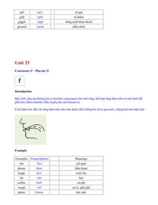 girl /g l/ɜː cô gái
gild /g ld/ɪ tô điểm
giggle / g gļ/ˈ ɪ tiếng cười khúc khích
gizzard /'gizəd/ diều chim
Unit 33
Consonant /f/ - Phụ âm /f/
Introduction
Đặc tính: phụ âm không kêu (voiceless consonant) âm môi răng, kết hợp răng hàm trên và môi dưới để
phát âm (labio-dental). Đây là phụ âm xát (fricative)
Cách phát âm: đặt xát răng hàm trên trên môi dưới, thổi luồng hơi đi ra qua môi, miệng hơi mở một chút
Example
Examples Transcriptions Meanings
fan /fæn/ cái quạt
phone /fə n/ʊ điện thoại
laugh /l f/ɑː cười lớn
fat /fæt/ béo
coffee / k fi/ˈ ɒ cà phê
rough /r f/ʌ xù xì, ghồ ghề
photo / fə tə /ˈ ʊ ʊ bức ảnh
 