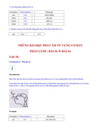 3. wh cũng được phát âm là /w/
Examples Transcriptions Meanings
why /wa /ɪ chiến thắng
when /wen/ khi nào
wheel /wi l/ː bánh xe
whale /we l/ɪ cái voi
4. Ngoài ra một số từ bắt đầu bằng phụ âm có thể được phát âm là /w/
one /w n/ʌ số 1
NHỮNG BÀI HỌC PHÁT ÂM TỪ VỰNG CƠ BẢN
PHẦN CUỐI : BÀI 36  BÀI 44
Unit 36:
Consonant /j/ - Phụ âm /j/
Introduction
Đặc tính: phụ âm kêu (voiced consonant) âm được tạo ra ở vòm miệng phía trước (front-palatal).
Cách phát âm: đây là âm vòm miệng không tròn có hình thức nửa nguyên âm. khi phát âm có vị trí như
trượt từ âm /iː/ hay /ɪ/ tới nguyên âm đi sau nó. Đây không phải là phụ âm xát.
Example
Examples Transcriptions Meanings
yet /jet/ còn, hãy còn
 