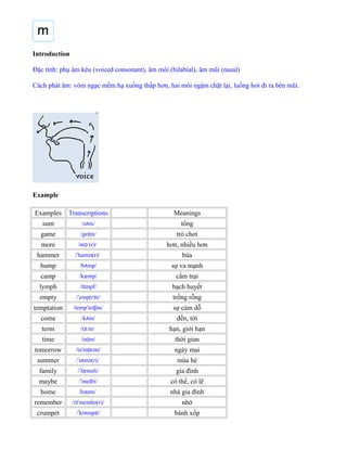 Introduction
Đặc tính: phụ âm kêu (voiced consonant), âm môi (bilabial), âm mũi (nasal)
Cách phát âm: vòm ngạc mềm hạ xuống thấp hơn, hai môi ngậm chặt lại, luồng hơi đi ra bên mũi.
Example
Examples Transcriptions Meanings
sum /s m/ʌ tổng
game /ge m/ɪ trò chơi
more /m (r)/ɔː hơn, nhiều hơn
hammer / hæmə(r)/ˈ búa
bump /b mp/ʌ sự va mạnh
camp /kæmp/ cắm trại
lymph /l mpf/ɪ bạch huyết
empty / emp(r)ti/ˈ trống rỗng
temptation /temp te ən/ˈ ɪʃ sự cám dỗ
come /k m/ʌ đến, tới
term /t m/ɜː hạn, giới hạn
time /ta m/ɪ thời gian
tomorrow /tə m rə /ˈ ɒ ʊ ngày mai
summer / s mə(r)/ˈ ʌ mùa hè
family / fæməli/ˈ gia đình
maybe / me bi/ˈ ɪ có thể, có lẽ
home /hə m/ʊ nhà gia đình
remember /r membə(r)/ɪˈ nhớ
crumpet / kr mp t/ˈ ʌ ɪ bánh xốp
 