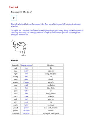 Unit 44
Consonant /r/ - Phụ âm /r/
Đặc tính: phụ âm kêu (voiced consonant), âm được tạo ra kết hợp mặt lưỡi và răng, (blade-post-
alveolar).
Cách phát âm: cong lưỡi lên để tạo nên một khoảng trống ở giữa miệng nhưng lưỡi không chạm tới
chân răng trên. Nâng cao vòm ngạc mềm để luồng hơi có thể thoát ra giữa đầu lưỡi và ngạc mà
không tạo thành âm xát.
Example
Examples Transcriptions Meanings
red /red/ đỏ
rare /reə(r)/ hiếm có
right /ra t/ɪ đúng, bên phải
wrong /r ŋ/ɒ sai
sorry / s ri/ˈ ɒ xin lỗi
arrange /ə re nd /ˈ ɪ ʒ sắp xếp
road /rə d/ʊ con đường
fry /fra /ɪ dán, chiên
grass /gr s/ɑː cỏ
raise /re z/ɪ nâng, giơ lên
crack /kræk/ bẻ khóa
rich /r t /ɪ ʃ giàu có
very / veri/ˈ rất
pretty / pr ti/ˈ ɪ xinh đẹp
proud /pra d/ʊ kiêu hãnh, tự khắc
parents / p ərənts/ˈ ɛ cha mẹ
everybody / evri b di/ˈ ˌ ɒ mọi người, mỗi người
 