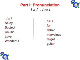 Part I: Pronunciation
/ ʌ / - / a: /
/ ʌ /
Study
Subject
Cousin
Love
Wonderful
/ a: /
far
father
marvelous
target
guitar
 