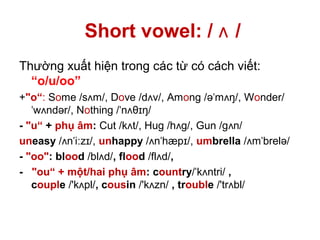 Short vowel: / ʌ /
Thường xuất hiện trong các từ có cách viết:
“o/u/oo”
+"o“: Some /s m/, Dʌ ove /d v/, Amʌ ong /ə m ŋ/, Wˈ ʌ onder/
w ndər/, Nˈ ʌ othing / nˈ ʌθ ŋ/ɪ
- "u“ + phụ âm: Cut /k t/, Hug /h g/, Gun /g n/ʌ ʌ ʌ
uneasy / n i z /,ʌ ˈ ː ɪ unhappy / n hæp /,ʌ ˈ ɪ umbrella / m brelə/ʌ ˈ
- "oo": blood /bl d/ʌ , flood /fl d/ʌ ,
- "ou“ + một/hai phụ âm: country/ k ntri/ˈ ʌ ,
couple /'k pl/ʌ , cousin /'k zn/ʌ , trouble /'tr bl/ʌ
 