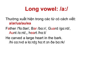 Long vowel: /a:/
Thường xuất hiện trong các từ có cách viết:
a/ar/ua/au/ea
Father /'f ðər/, Bɑː ar /b r/, Gɑː uard /g rd/,ɑː
Aunt / nt/,, hɑː eart /h t/ɑː
He carved a large heart in the bark.
/hi c rvd ə l rd h rt n ðə b rk/ɑː ɑː ʒ ɑː ɪ ɑː
 