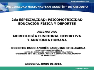 www.themegallery.com



UNIVERSIDAD NACIONAL”SAN AGUSTÍN” DE AREQUIPA




   2da ESPECIALIDAD: PSICOMOTRICIDAD
      EDUCACIÓN FÍSICA Y DEPORTES

                           ASIGNATURA
   MORFOLOGÍA FUNCIONAL DEPORTIVA
         Y ANATOMIA HUMANA

   DOCENTE: HUGO ANDRÉS CASQUINO CHILLCAHUA
                         LICENCIADO EN CULTURA FÍSICA
             MASTER EN CIENCIAS DE LA CULTURA FÍSICA TERAPÉUTICA
     UNIVERSIDAD DE Cs DE LA CULTURA FÍSICA Y EL DEPORTE “MANUEL FAJARDO ”
                                LA HABANA CUBA




              AREQUIPA, JUNIO DE 2012.
                                                                   COMPANY LOGO
 