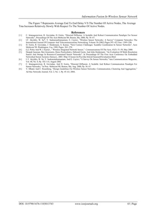 Information Fusion In Wireless Sensar Network
DOI: 10.9790/1676-1103013743 www.iosrjournals.org 43 | Page
The Figure 7 Represents Average End To End Delay V/S The Number Of Active Nodes, The Average
Tma Increases Relatively Slowly With Respect To The Number Of Active Nodes.
References
[1.] C. Intanagonwiwat, R. Govindan, D. Estrin, “Directed Diffusion: A Scalable And Robust Communication Paradigm For Sensor
Networks”, Proceedings Of The Acm Mobicom’00, Boston, Ma, 2000, Pp. 56–67.
[2.] I.F. Akyildiz, W. Su*, Y. Sankarasubramaniam, E. Cayirci, “Wireless Sensor Networks: A Survey” Computer Networks: The
International Journal Of Computer And Telecommunications Networking, Volume 38 (2002) Pages:393–422 Issn: 1389-1286
[3.] D. Estrin, R. Govindan, J. Heidemann, S. Kumar, “Next Century Challenges: Scalable Coordination In Sensor Networks”, Acm
Mobicom’99, Washington, Usa, 1999, Pages: 263–270.
[4.] G,J, Pottie And W, J. Kaiser., “ Wireless Integrated Network Sensor,” Communications Of The Acm, 43(5) :51-58, May 2000.
[5.] Deepak Ganesan, Ben Greenstein, Denis Perelyubskiy, Deborah Estrin, And John Heidemann. “An Evaluation Of Multi-Resolution
Search And Storage In Resource-Constrained Sensor Networks”. In Proceedings Of The First Acm Conference On Embedded
Networked Sensor Systems (Sensys)., 2003. Http://Citeseer.Ist.Psu.Edu/Article/Ganesan03evaluation.Html
[6.] I. F. Akyildiz, W. Su, Y. Sankarasubramaniam, And E. Cayirci, "A Survey On Sensor Networks," Ieee Communications Magazine,
Vol. 40, No. 8, Pp. 102-114, August 2002
[7.] C. Intanagonwiwat, R. Govindan, And D. Estrin, “Directed Diffusion: A Scalable And Robust Communication Paradigm For
Sensor Networks,” In Proc. Mobicom’00, Boston, Ma, Aug. 2000, Pp. 56–67.
[8.] V. Mhatre And C. Rosenberg, “Design Guidelines For Wireless Sensor Networks: Communication, Clustering And Aggregation,”
Ad Hoc Networks Journal, Vol. 2, No. 1, Pp. 45–63, 2004.
 